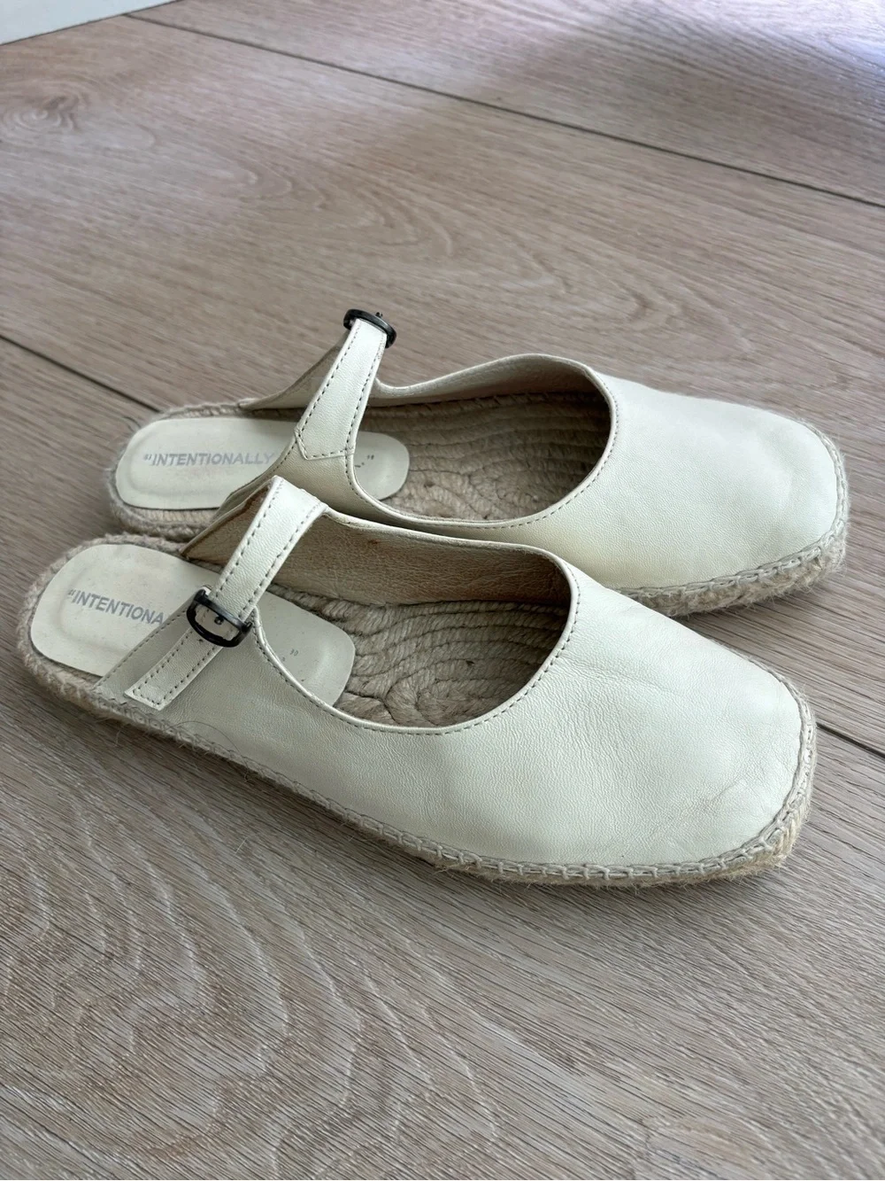 INTENTIONALLY BLANK Cream Leather Espadrille Mule with Buckle Strap